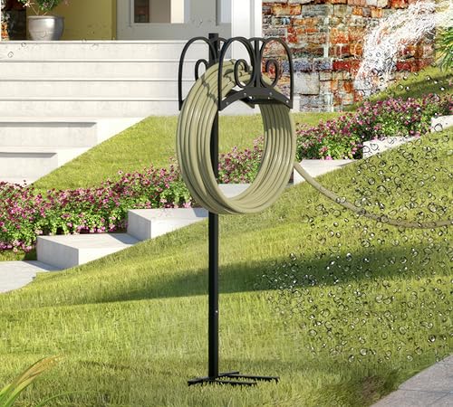 Upgraded Garden Hose Holder Stand with 4 Spikes - Heavy Duty Metal Water Hose Reel, Hose Organizer, Holds 150ft Hose for Outside Yard Lawn, Black
