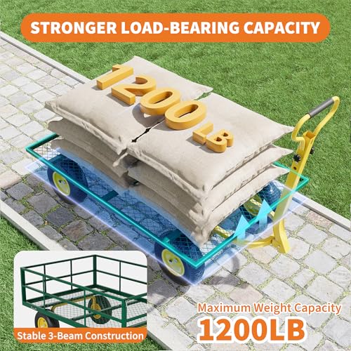 1200 LB Garden Cart on Wheels, Heavy Duty Steel Garden Wagon with Removable Mesh Sides & Adjustable Handles, Yard Cart Utility Wagon for Gardening, Lawn & Patio, Green & Yellow - color: Green Yellow, size: 1200 LBS