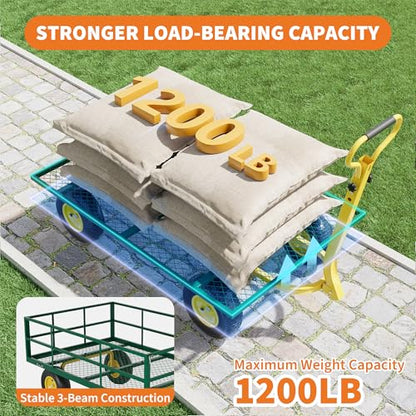 1200 LB Garden Cart on Wheels, Heavy Duty Steel Garden Wagon with Removable Mesh Sides & Adjustable Handles, Yard Cart Utility Wagon for Gardening, Lawn & Patio, Green & Yellow - color: Green Yellow, size: 1200 LBS