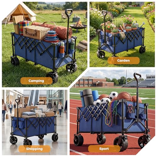 OLIXIS 49" L Collapsible Wagon 440lbs, Folding Wagon Cart with Wheels, Blue - color: Blue