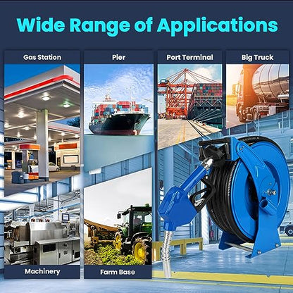 Diesel Fuel Hose Reel Blue, Heavy Duty Retractable 3/4" x 50ft Hose Reel with Automatic Shut Off 3/4 Fuel Nozzle Spring Driven Auto Swivel 300PSI Fuel Line Hose for Tank Truck Trailer Boat