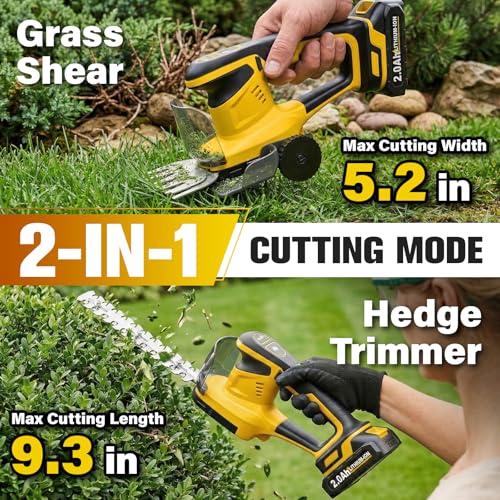 FULLYEA Hedge Trimmer Cordless, 2-in-1 Grass Shears with 2*2.0Ah Batteries