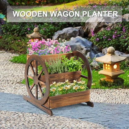 Beeveer 3 Tier Wooden Wagon Planter Box 24" x 24.5" x 22.5" Garden Planter for Outside Wood Planter Box with Drainage Holes Decorative Planters for Patio Garden Balcony Vegetables Flowers Herbs - style: Classic Brown