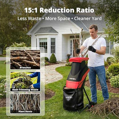 AMERISUN Electric Wood Chipper Shredder 15-Amp, 4200RPM Leaf Mulcher with 1.75-Inch Branch Capacity, Portable Yard Waste Shredder with 50L Collection Bag for Garden, Lawn & Landscaping Cleanup - color: Red