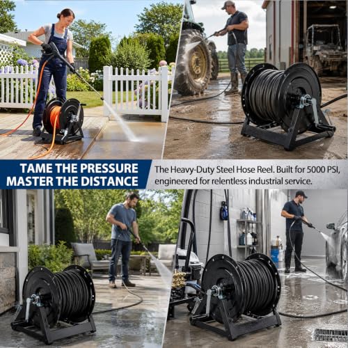 Lounsweer Pressure Washer Hose Reel 3/8" x 300' Steel Manual Crank with Flat Sidewalls, A-frame, Pin Lock and Brake and Stainless Steel Swivel Inlet, 5000 PSI Capacity, 1/2" NPT-F, Black - color: Black