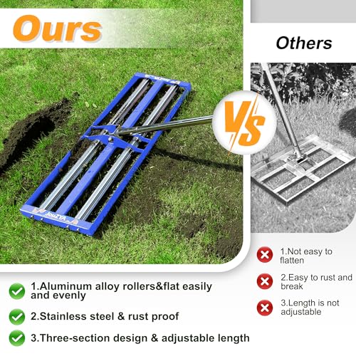 Updated Lawn Leveling Rake 30"x10", Lawn Leveler with Aluminum Rollers - size: 30''x10'' Blue