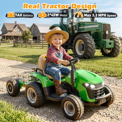 ARBELI 12V 7AH Kids Ride On Tractor w/Trailer & Remote Control, Green - color: Green