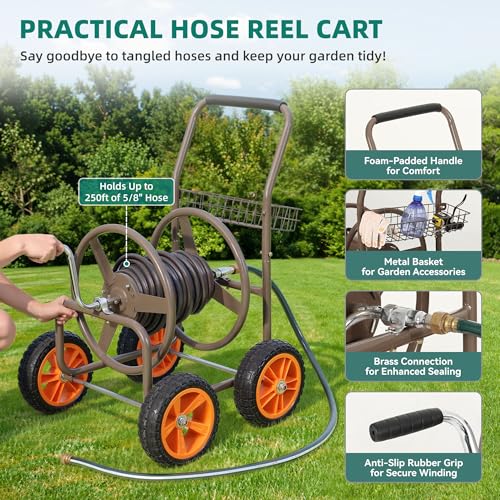 250ft 5/8" Heavy Duty Hose Reel Cart No-Flat Tires - color: Brown