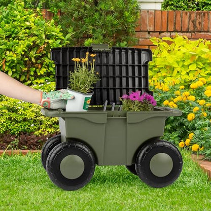 Pure Garden Rolling Garden Cart with Seat, Green - color: Green