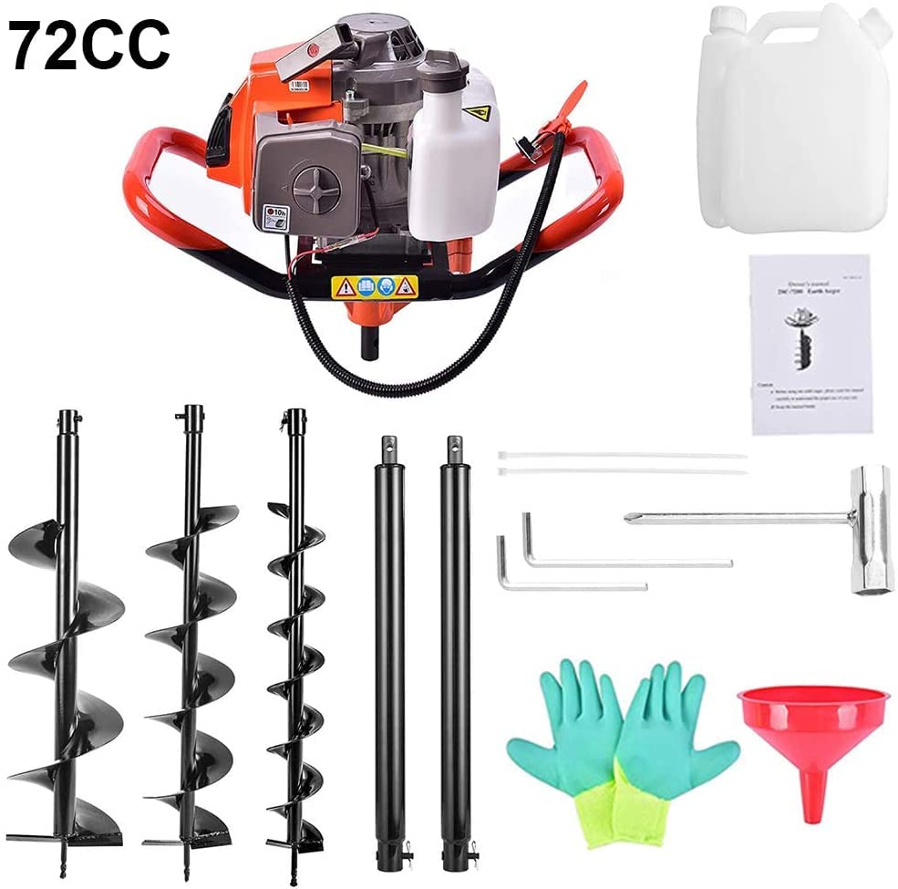 72cc Auger Post Hole Digger Gas Powered Earth Digger w/ 3 Bits - size: 72cc+3 auger(4"8"12")+2 Ext(24"24")