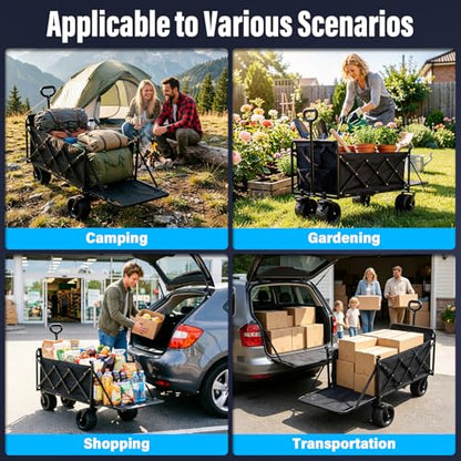 Collapsible Wagon Cart, Folding Cart with 600LBS Capacity, Black - color: Upgraded_600lbs
