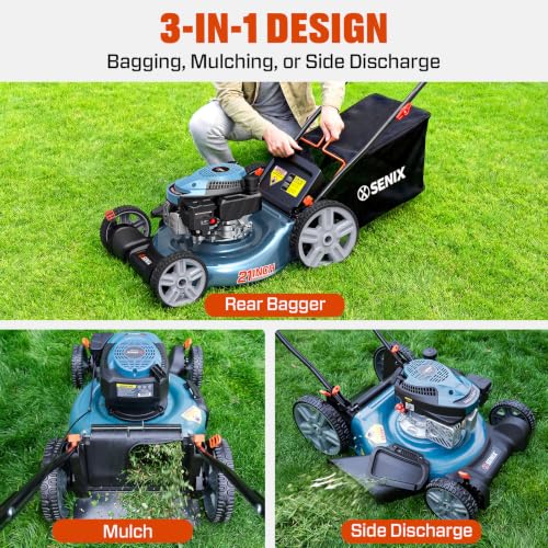SENIX 21-Inch Gas Push Lawn Mower, 144cc, Steel Deck, 6-Height