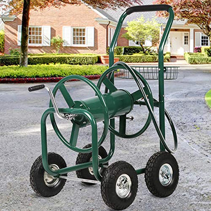 Garden Hose Reel Cart with Wheels, Holds 300-Feet of 5/8-Inch Hose, Heavy Duty Yard Water Planting 4 Wheels Outdoor Garden Lawn Water Truck with Storage Basket, Green - color: Green