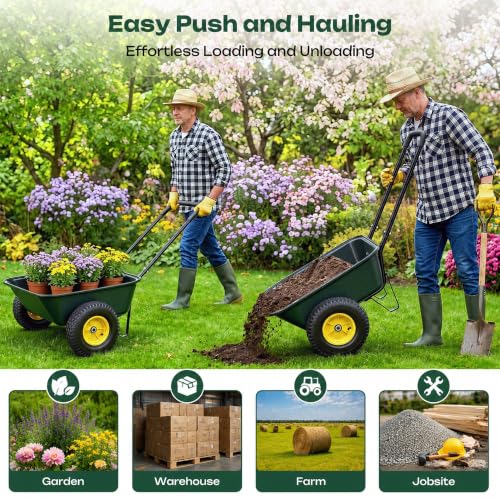 2 Wheel Wheelbarrows, Dual-Wheel Garden Dump Cart with 10" Non-Slip Pneumatic Tires & Ergonomic Padded Handle, Heavy-Duty Utility Yard Cart Wagon with 3 Cu Ft Capacity for Lawn, Gardening,Farm - color: 3cbf| Dark Green