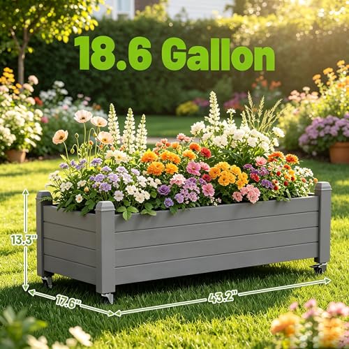 Raised Garden Bed with Wheels, Rolling Resin Planter Box, Gray - color: Gray, size: 13.3" H