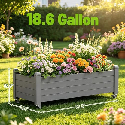 Raised Garden Bed with Wheels, Rolling Resin Planter Box, Gray - color: Gray, size: 13.3" H