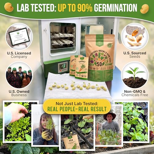 50 Winter Vegetable Garden Seeds Variety Pack - 43,450+ Non-GMO Heirloom Seeds for Outdoors & Indoor Home Gardening, Including Kohlrabi, Lettuce, Radish, Onion, Choy, Spinach, Cauliflower, Collards
