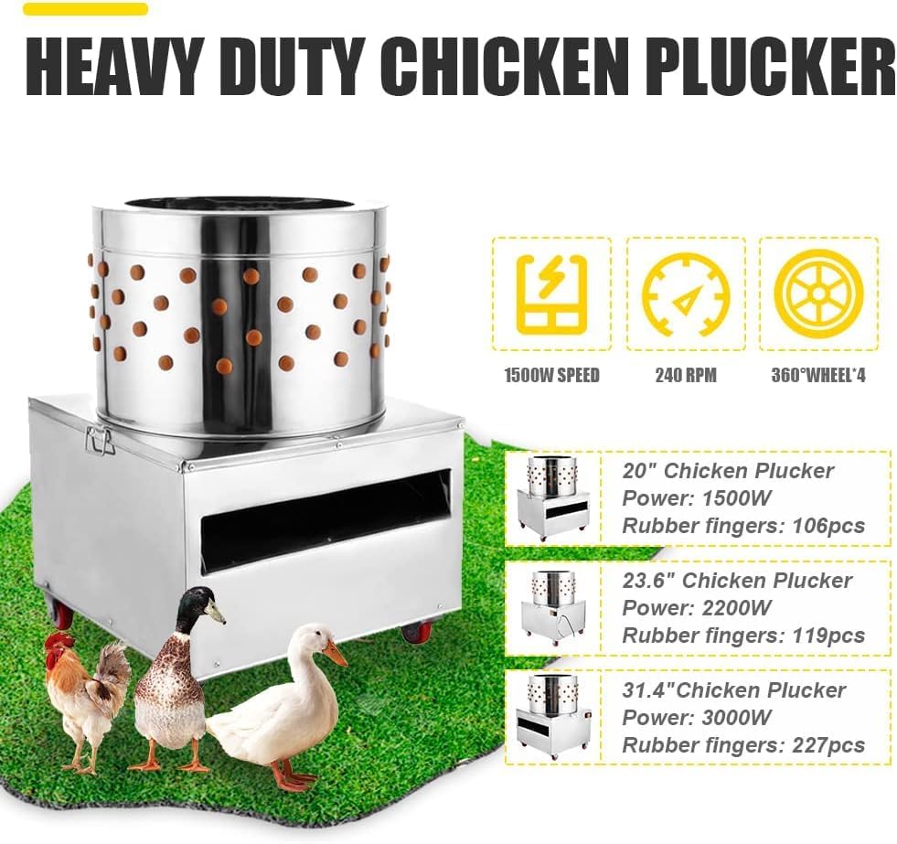 31.4" Stainless Steel Chicken Plucker Machine, 3000W 2HP Poultry De-Feather Remover, 245RPM Turkey Duck Fowl Plucker with Rubber Fingers for Home & Commercial Use - size: 31.4"-3000W