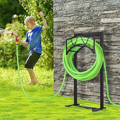 Freestanding Outdoor Garden Hose Holder, Heavy Duty Metal Storage Stand with 4 Spikes, Space Saving Organizer for Patio, Lawn, Backyard, Holds up to 150ft Hose, Black