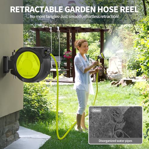 Retractable Garden Hose Reel 1/2 in x 50 ft Wall Mounted, Auto Rewind with Slow Return & Any-Length Lock, No Kink Tangle-Free, 3/4 in Brass Connector, 180° Swivel, Heavy Duty Hose Reel (65FT) - size: 65FT