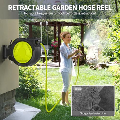 Retractable Garden Hose Reel 1/2 in x 50 ft Wall Mounted, Auto Rewind with Slow Return & Any-Length Lock, No Kink Tangle-Free, 3/4 in Brass Connector, 180° Swivel, Heavy Duty Hose Reel (65FT) - size: 65FT