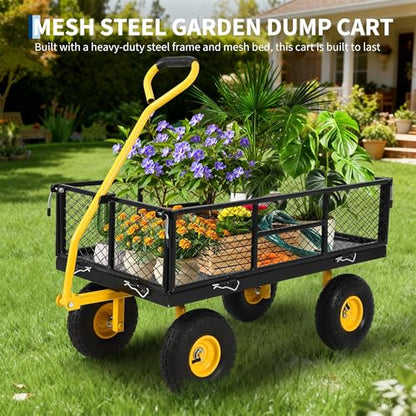 900 Lbs Heavy Duty Steel Garden Cart, Garden Wagon Cart on Wheels, Outdoor Metal Yard Utility Wagon Carts with and Mesh Removable Sides(Convert to Flatbed) and 180°Rotating Handle - color: Black, size: 43.5"D x 20.5"W x 21"H