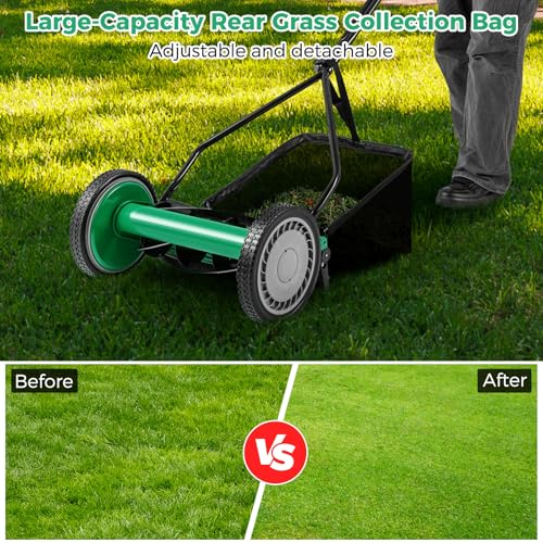 Push Lawn Mower, 14" Manual Rear Mower with 5 Steel Blades, Adjustable Cutting Heights & Grass Catcher Bag, Walk-Behind Grass Cutter Lawn Sweeper for Garden, Park & Yard (Green) - color: Green, size: 14"