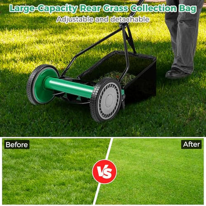 Push Lawn Mower, 14" Manual Rear Mower with 5 Steel Blades, Adjustable Cutting Heights & Grass Catcher Bag, Walk-Behind Grass Cutter Lawn Sweeper for Garden, Park & Yard (Green) - color: Green, size: 14"