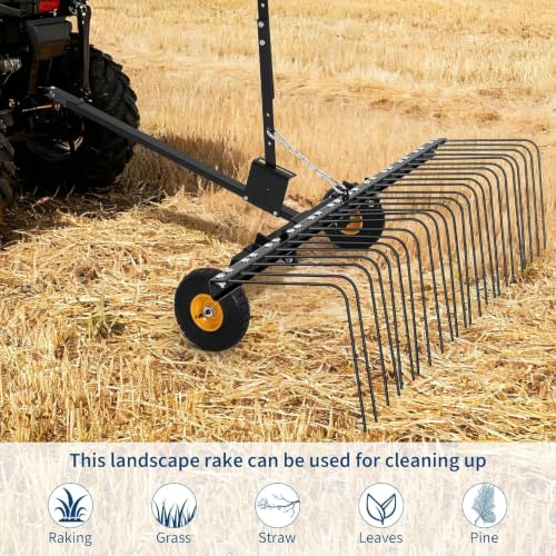 60 Inch Tow Behind Lawn Dethatcher, Tow Behind Steel Pine Straw Rake - color: Black