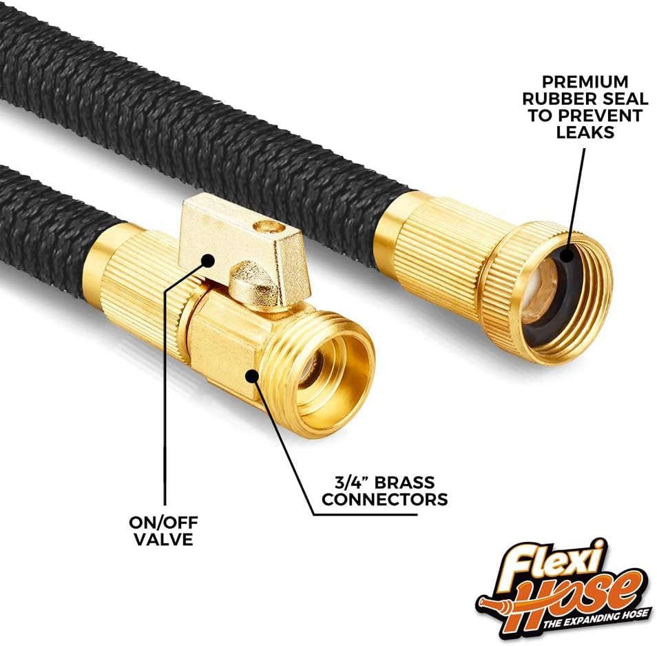 Flexi Hose Plus Expandable Garden Hose with 8 Function Nozzle, 25FT - Lightweight Retractable Garden Hose, Water Hose - No-Kink Flexibility, 3/4 Inch Solid Brass Fittings Includes Hook & Bag - size: 25ft