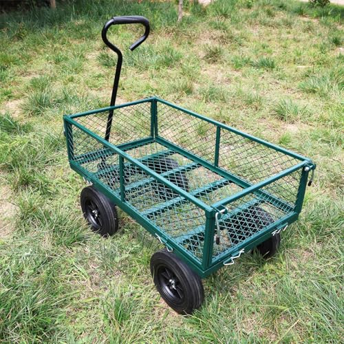 Wagon with Removable Sides - Can be Used in Farms, Warehouses etc - Dump Cart - Solid Green Wheels - color: Green Solid Wheels