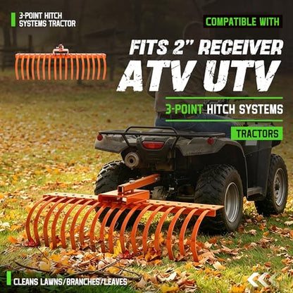 48" Tow Behind Rake 2" Receiver ATV UTV Tractors Heavy-Duty Steel Orange