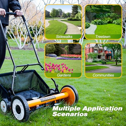 Walensee 20-Inch 5-Blade Push Reel Lawn Mower, Cordless Manual Reel Lawn Mower Walk-Behind Steel Lawn Mowers with Removable 11.8-Gallon Grass Catcher, Sponge Grip, 9-Position Cutting Height Adjustment - size: 20-Inch With Catcher