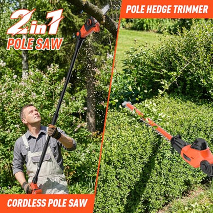 MAXLANDER 2-In-1 8" Pole Saw & 18" Hedge Trimmer, 2×3.0Ah Battery & Charger - color: Red