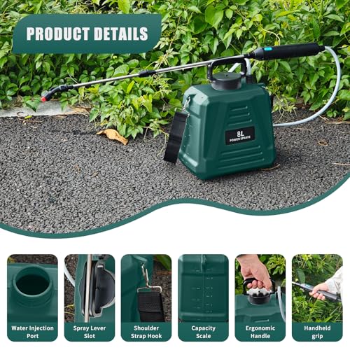 Backpack Sprayer 2 Gal Battery Powered, 3 Nozzles & USB Handle for Garden & Lawn - color: Green