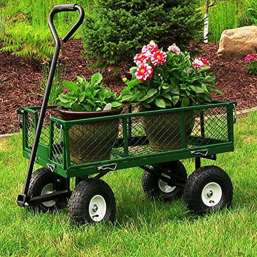 Sunnydaze Utility Steel Garden Cart - Removable Sides - 400-Pound Capacity - Green