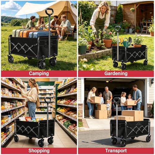 Collapsible Wagon Cart, Folding Cart with 360LBS Capacity, Black - color: Black_360lbs