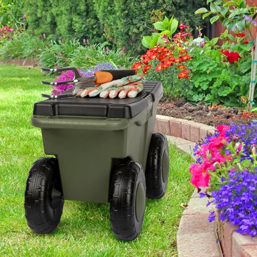 Pure Garden Rolling Garden Cart with Seat, Green - color: Green