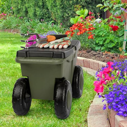 Pure Garden Rolling Garden Cart with Seat, Green - color: Green