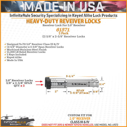 61571 | 2 Pack, Keyed Alike, Receiver Locks for 2" Receiver - Class III & IV - color: 2PK (2) Receiver Locks, size: Fits: 2.0" Receiver - Class III & IV