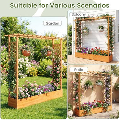S AFSTAR 77-Inch Raised Garden Bed with Arch Trellis, Hanging Roof & Drainage Holes, Vertical Plant Container for Vine Climbing Plant Flower, Indoor Outdoor Wood Elevated Planter Box for Garden - size: 77"L x 17"W x 70"H