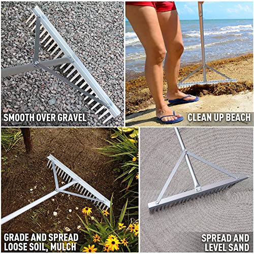 Colwelt Landscape Rake - 24Tines, Aluminum Head with 68" Handle, 24" Width for Beach & Lawn Care