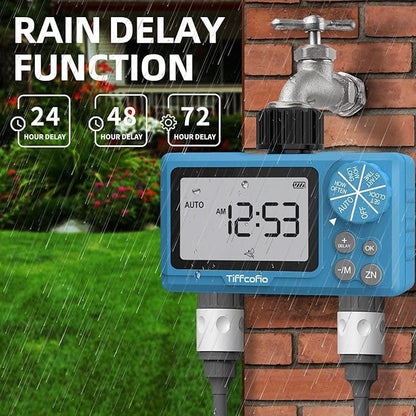 TiFFCOFiO Sprinkler Timer Outdoor, Digital Programmable for Garden Hose, Irrigrtion Timer with Rain Delay and Manual Mode (2 Outlets, 2 Packs) - size: 2 Outlets, 2 Packs