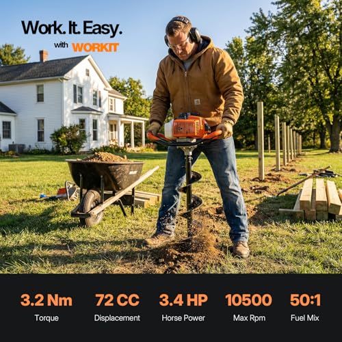 WORKIT 72CC Post Hole Digger, Auger Post Hole Digger Easy Start, 2-Cycle Xtreme Engine, Gas Powered Earth Auger with 6"+8" Auger Drill Bit, 20"+30" Extension Rods, EPA Certification - size: 72cc+2 bit(6"+8")+2 Ext(20"+30")