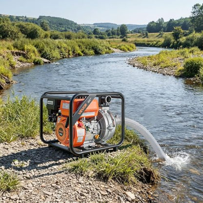 VEVOR Gas Powered Water Pump, 2 in, 128 GPM 6HP Semi Trash Water Transfer Pump Portable, Gasoline Engine with 25 ft Discharge Hose, Heavy Duty Frame, Cast Iron Impeller, for Irrigation, Ponds, Pools - size: 2in 6.0 HP 128GPM