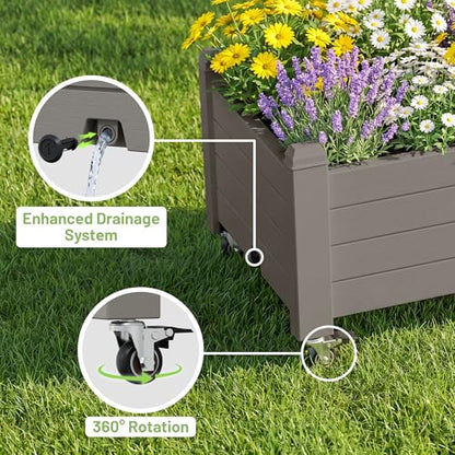 Raised Garden Bed with Wheels, Rolling Resin Planter Box, Gray - color: Gray, size: 13.3" H