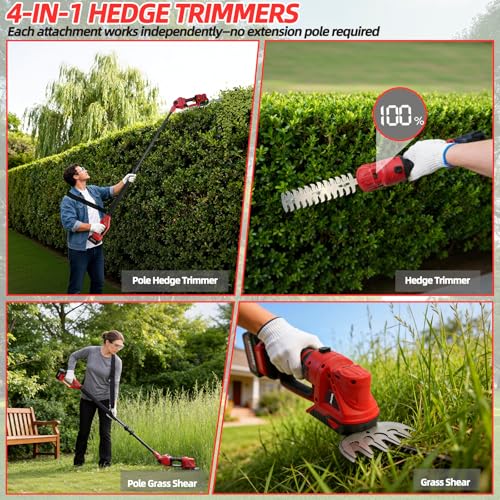 4-in-1 Electric Pole Hedge Trimmer, Cordless Bush Trimmer & Grass Shear