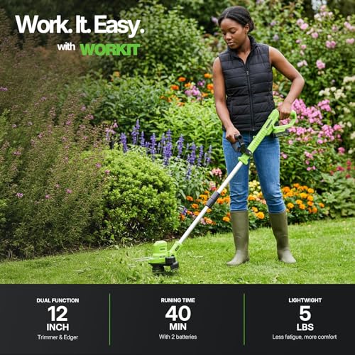 WORKIT Electric Weed Wacker Cordless, 20V Weed Eater Edger Lawn Tool - size: 12 Inch-2*2.0Ah Battery