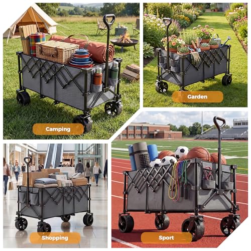 OLIXIS 49" L Collapsible Wagon 440lbs, Folding Wagon Cart with Wheels, Grey - color: Gray