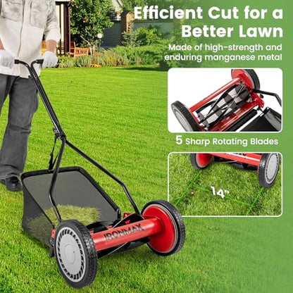 IRONMAX 14 Inch 5-Blade Push Reel Mower, Removable Grass Catcher, Red - color: Red, size: 14 Inch